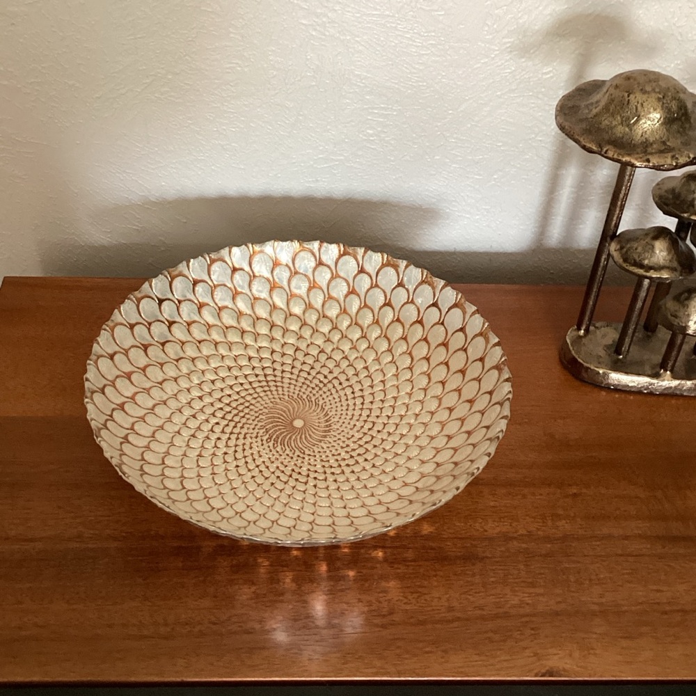 Akcam Ostrich Feather Turkish Art Glass Centerpiece Bowl Orange White Silver VTG